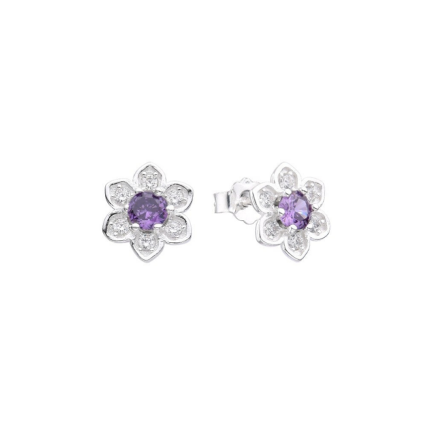 Arete Flor Pétalos Morado - Plata