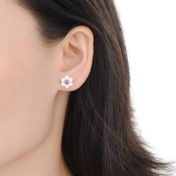 Arete Flor Pétalos Morado - Plata - Imagen 2